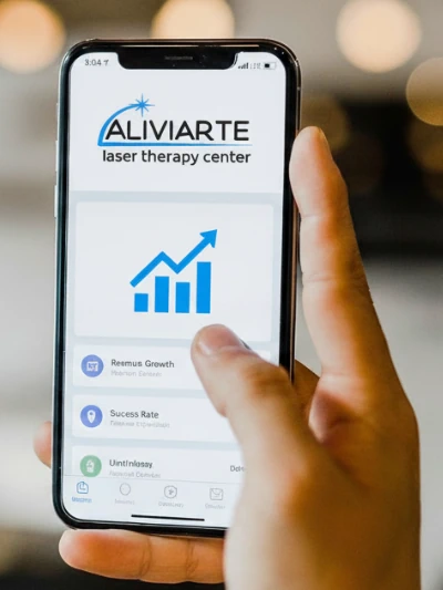Celular mostrando la app de Aliviarte con un gráfico de crecimiento